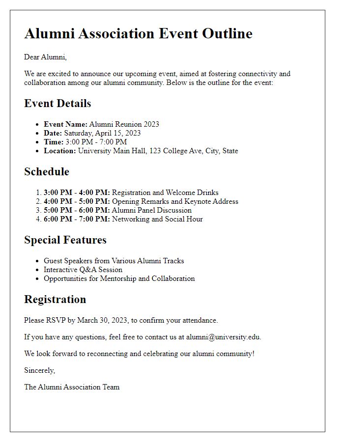 Letter template of alumni association's event outline