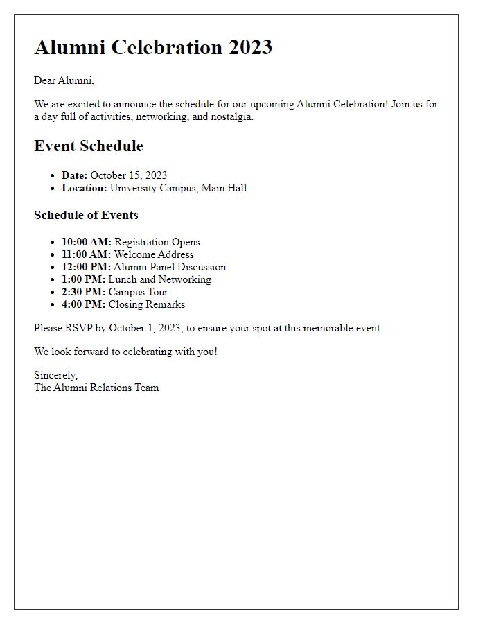 Letter template of alumni celebration schedule