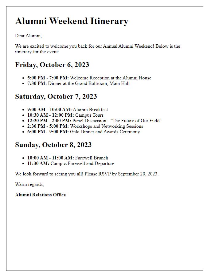 Letter template of alumni weekend itinerary