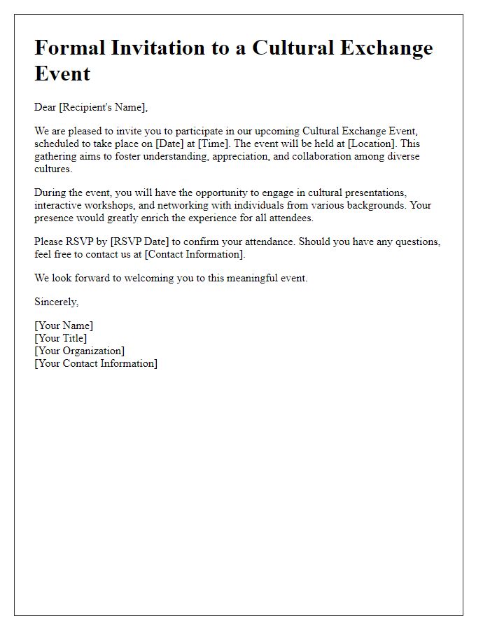 Letter template of formal invitation to join a cultural exchange event.