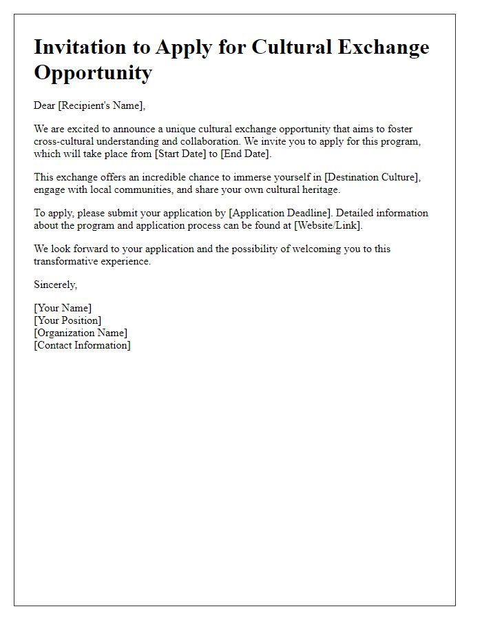 Letter template of invitation to apply for a cultural exchange opportunity.