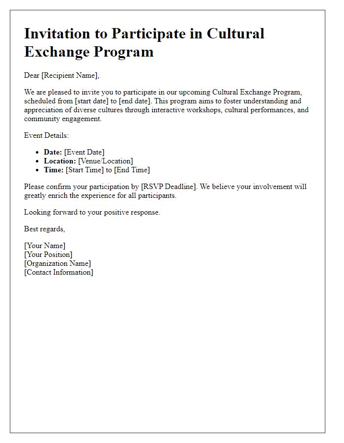 Letter template of invitation for cultural exchange program participation.