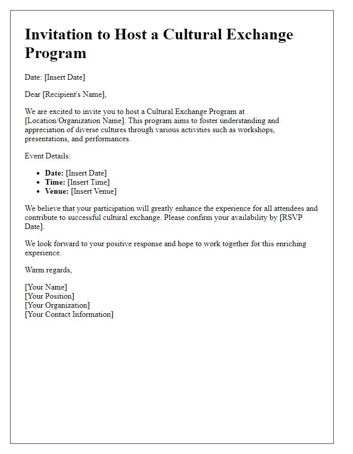 Letter template of invitation to host a cultural exchange program.