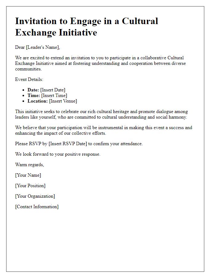 Letter template of invitation for leaders to engage in a cultural exchange initiative.