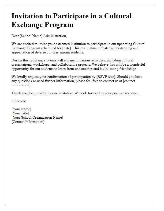 Letter template of invitation for schools to participate in cultural exchange.