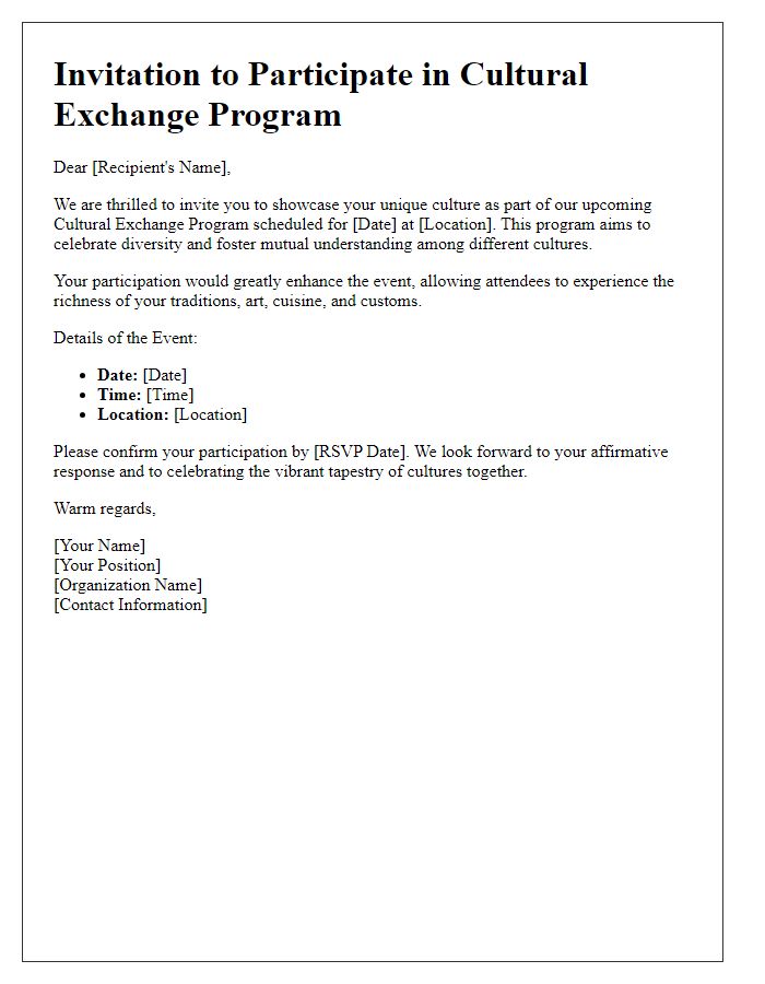 Letter template of invitation to showcase your culture in a cultural exchange program.