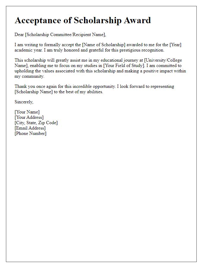 Letter template of acceptance letter for prestigious scholarship award.