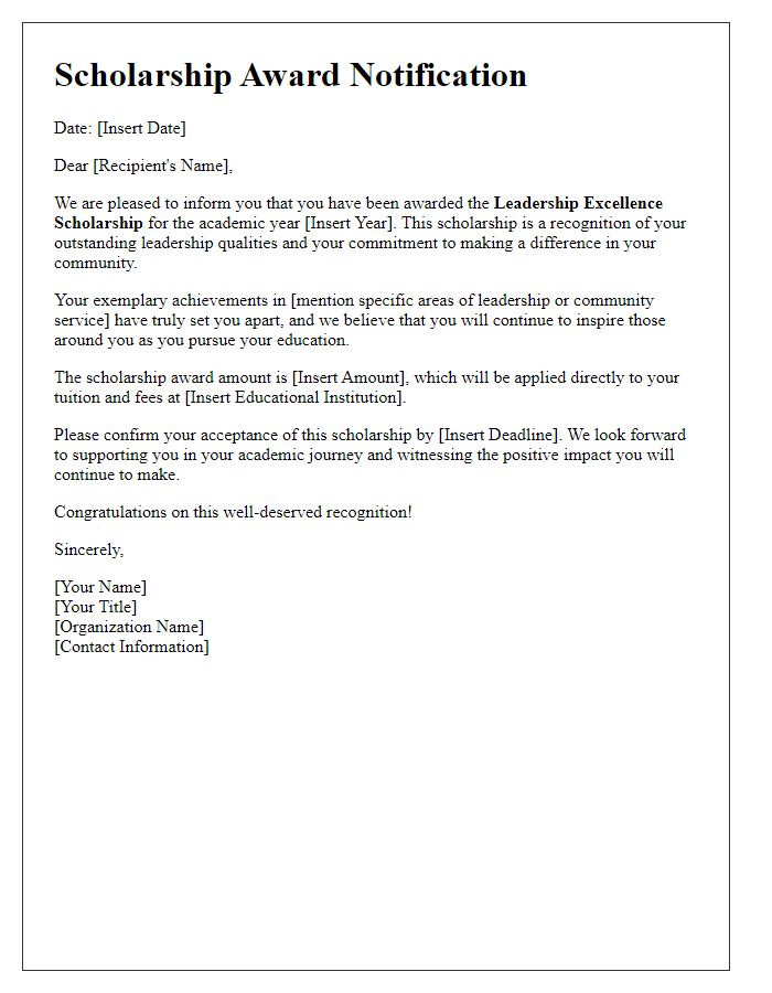 Letter template of scholarship award notification for leadership excellence.