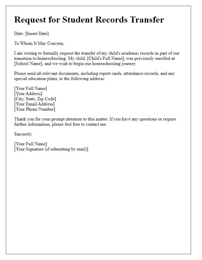 Letter template of student records transfer request for homeschooling documentation.