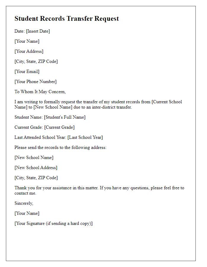 Letter template of student records transfer request for inter-district transfer.