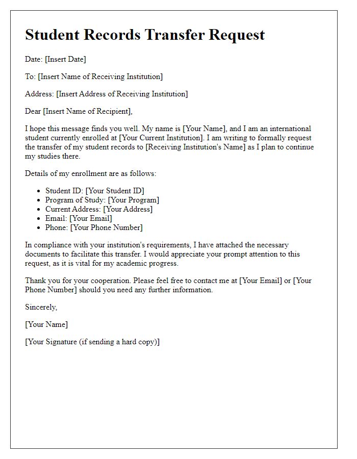 Letter template of student records transfer request for international student transfer.