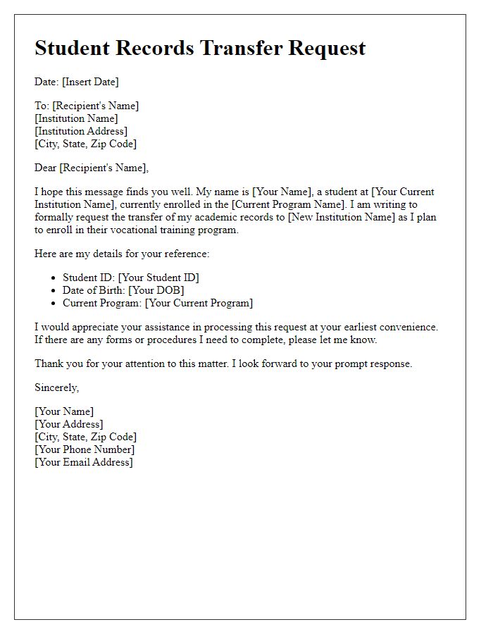 Letter template of student records transfer request for vocational training program.