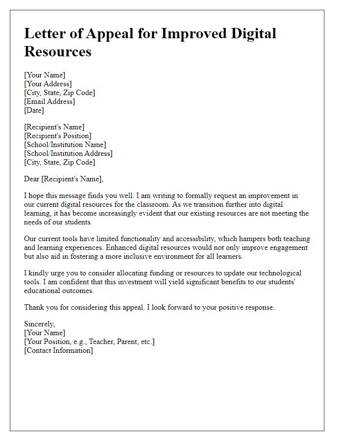 Letter template of appeal for classroom digital resource improvement