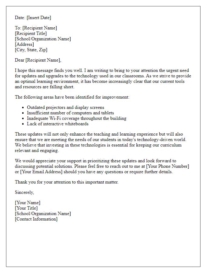 Letter template of notification for the need for classroom technology updates