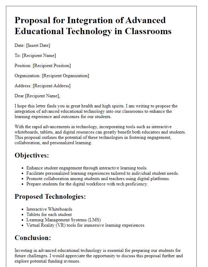 Letter template of proposal for advanced educational technology in classrooms