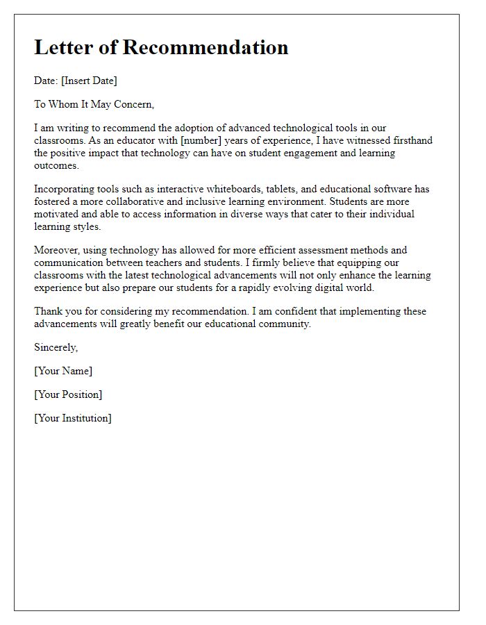 Letter template of recommendation for technological advancements in classrooms