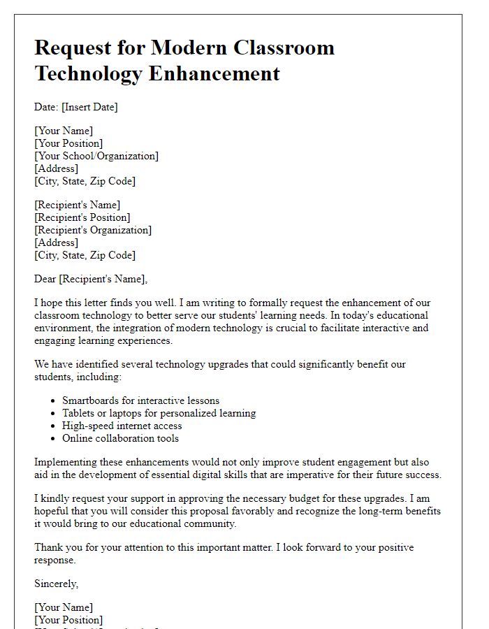 Letter template of request for modern classroom technology enhancement