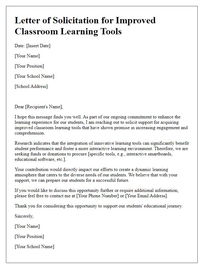 Letter template of solicitation for improved classroom learning tools