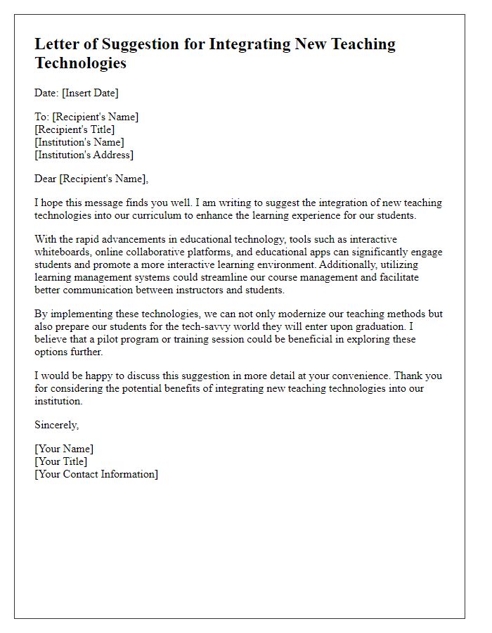 Letter template of suggestion for integrating new teaching technologies