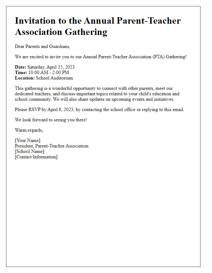 Letter template of Invitation to the Annual Parent-Teacher Association Gathering