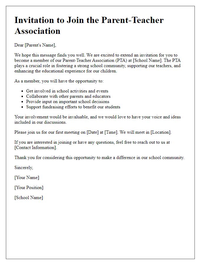 Letter template of Invitation to Join the Parent-Teacher Association