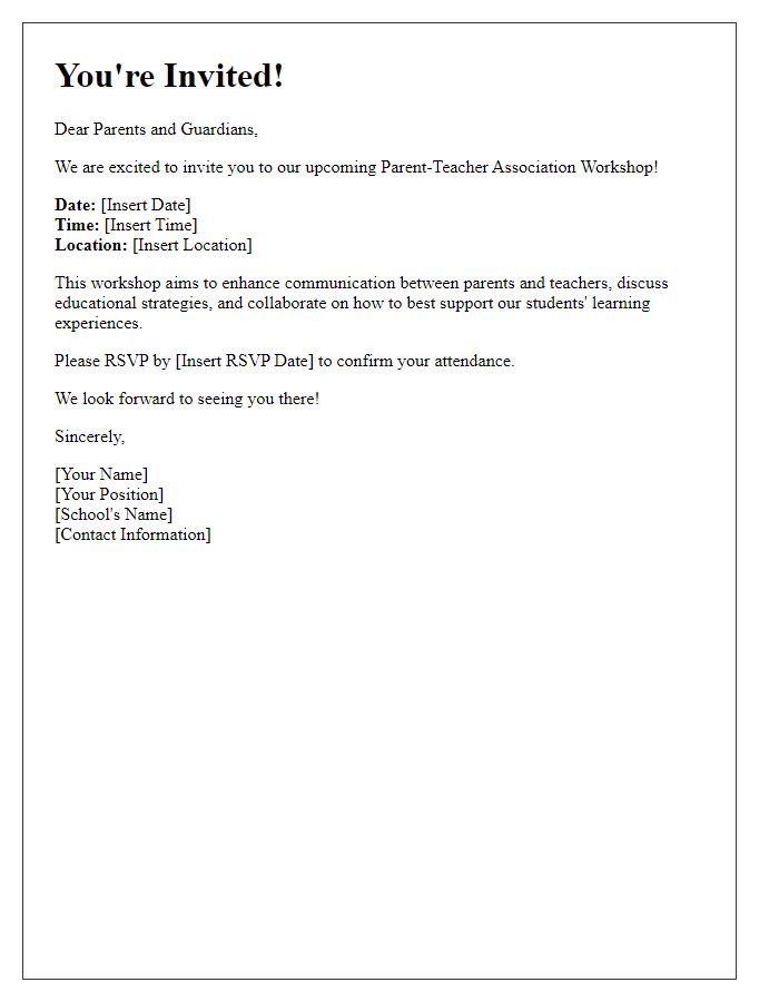 Letter template of Invitation to the Parent-Teacher Association Workshop