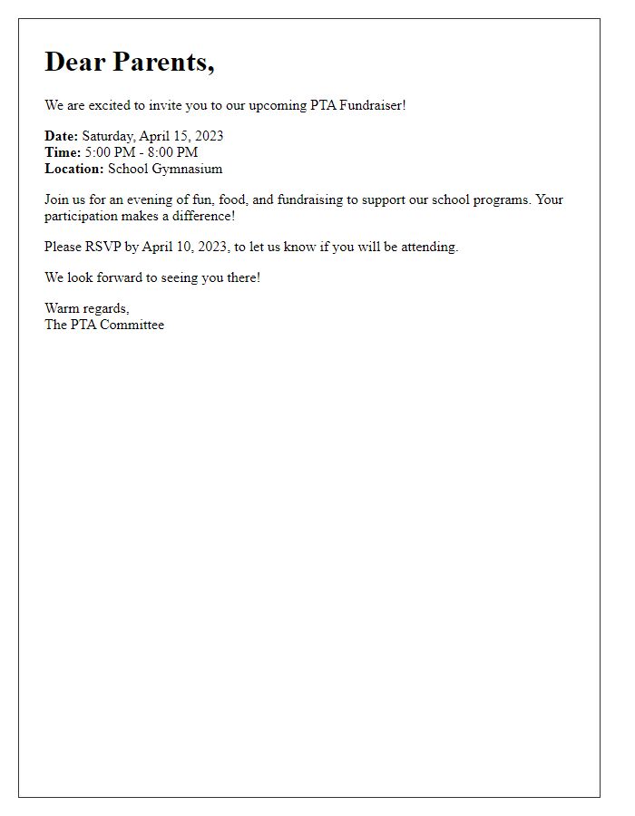 Letter template of Invitation for Parents to Attend the PTA Fundraiser