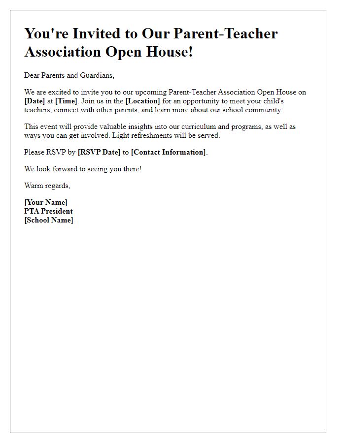 Letter template of Parent-Teacher Association Open House Invitation