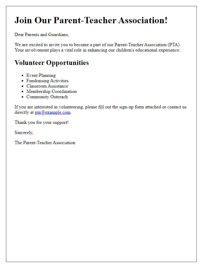 Letter template of Parent-Teacher Association Volunteer Sign-Up Invitation