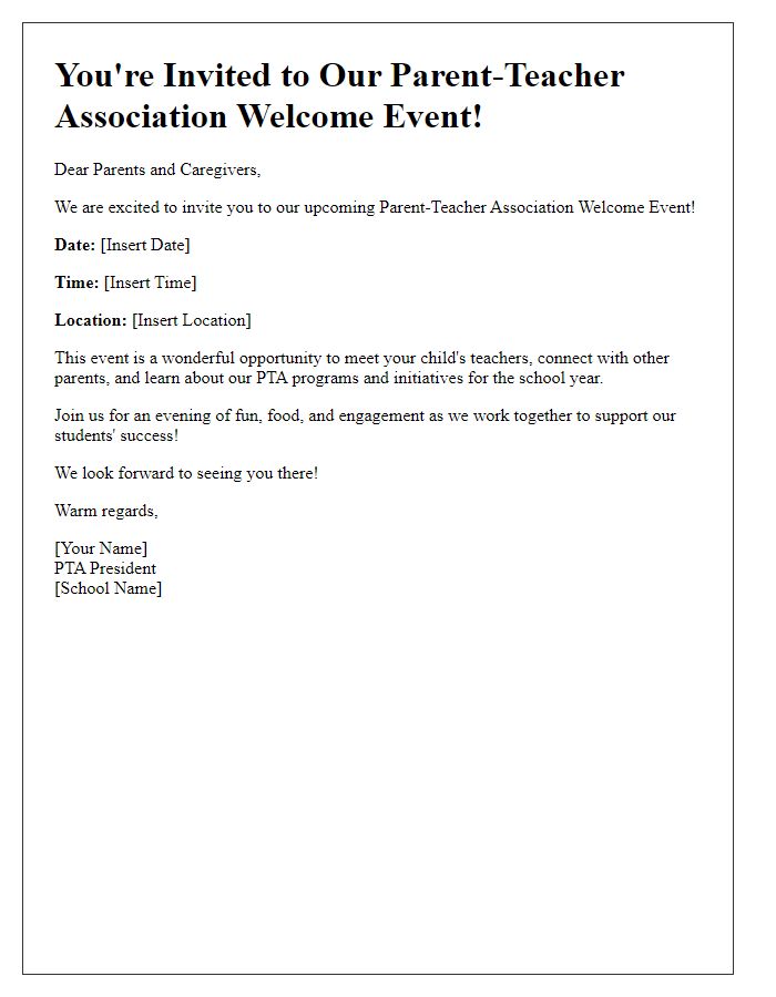 Letter template of Parent-Teacher Association Welcome Event Invitation