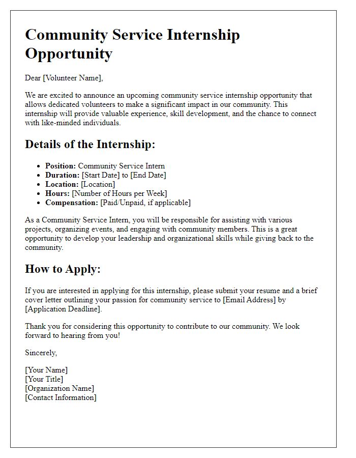 Letter template of a community service internship opportunity for volunteers.