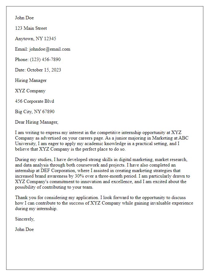 Letter template of a competitive internship opportunity for aspiring professionals.