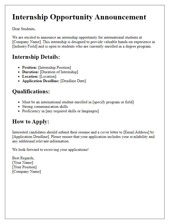 Letter template of an internship opportunity announcement for international students.