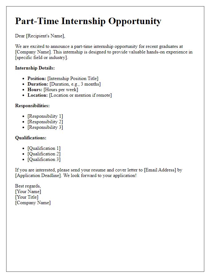 Letter template of a part-time internship opportunity for recent graduates.