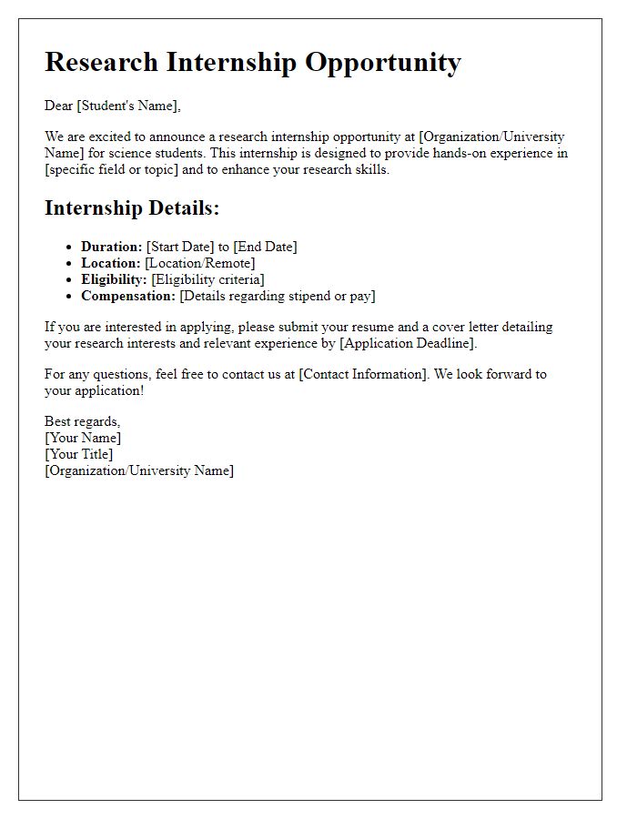 Letter template of a research internship opportunity for science students.