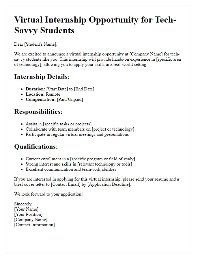 Letter template of a virtual internship opportunity for tech-savvy students.