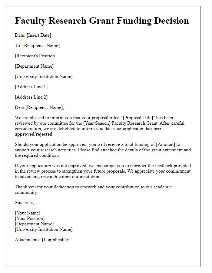 Letter template of faculty research grant funding decision