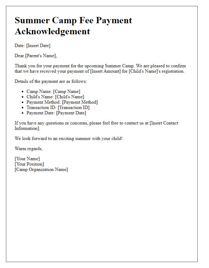 Letter template of summer camp fee payment acknowledgement