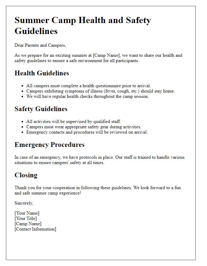 Letter template of summer camp health and safety guidelines