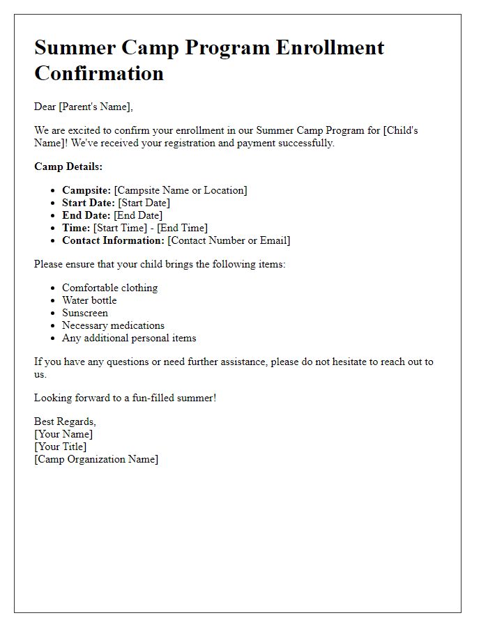 Letter template of summer camp program enrollment confirmation