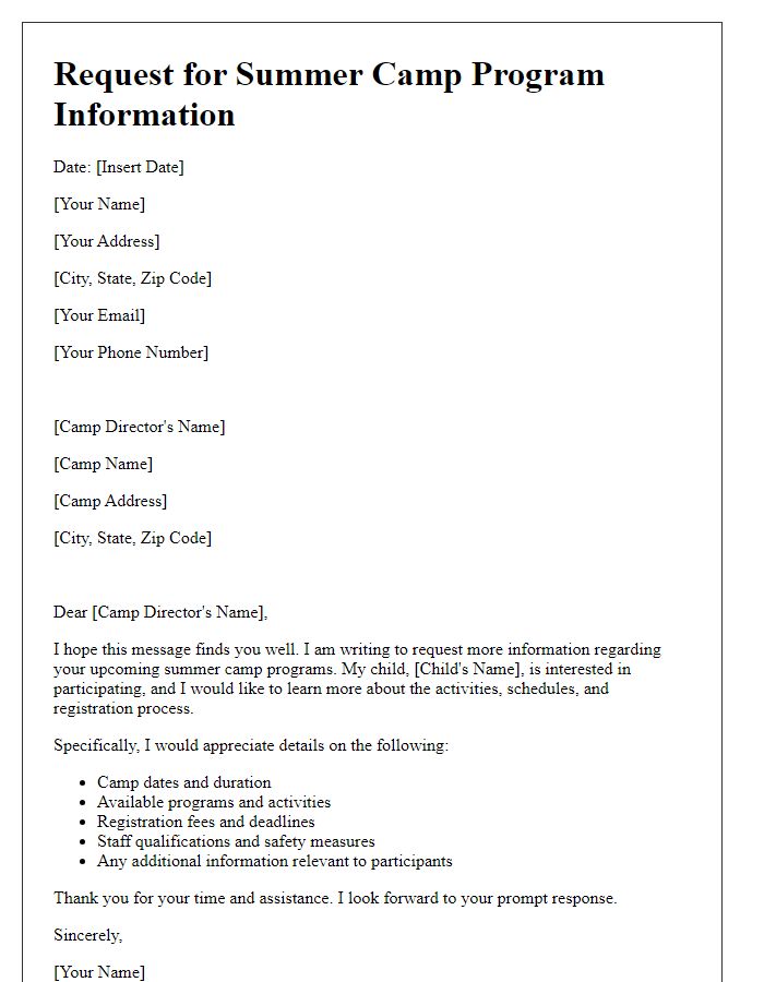 Letter template of summer camp program information request