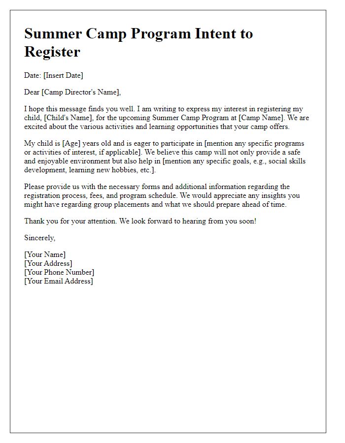 Letter template of summer camp program intent to register