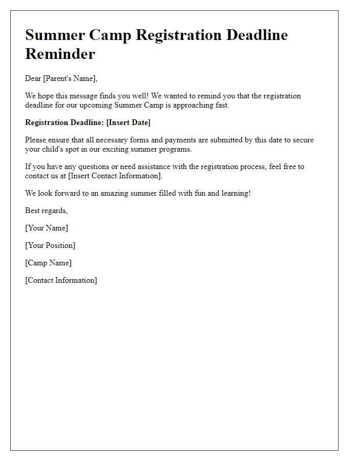 Letter template of summer camp registration deadline reminder