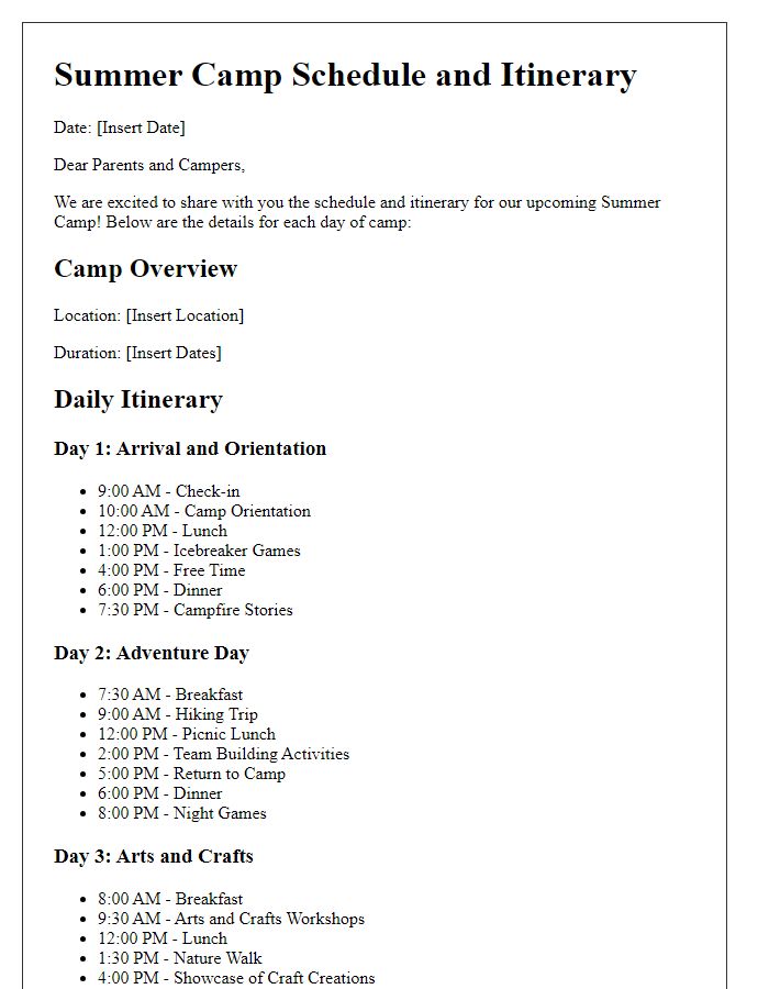 Letter template of summer camp schedule and itinerary