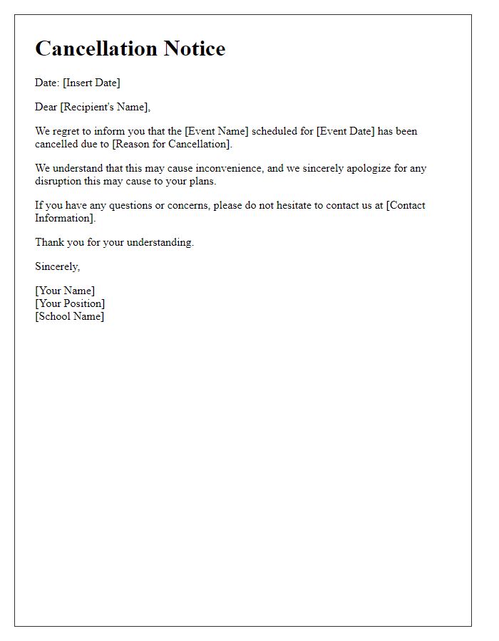 Letter template of cancellation notice for a school event