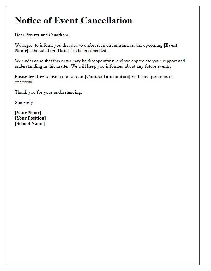 Letter template of communication regarding school event cancellation