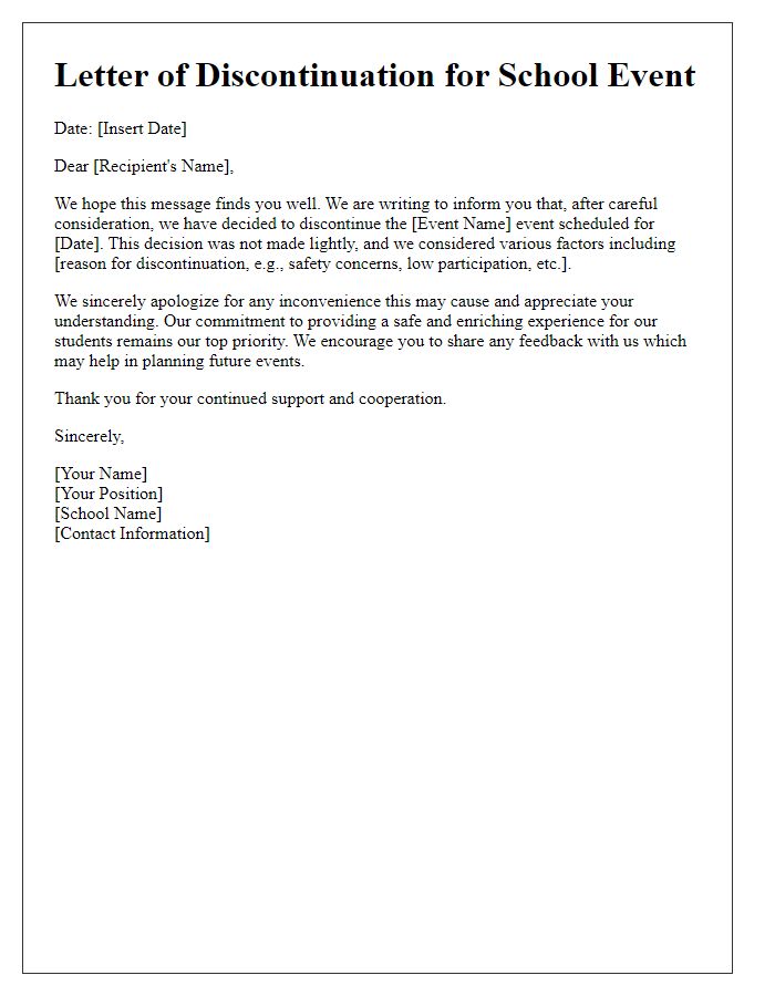 Letter template of correspondence on school event discontinuation