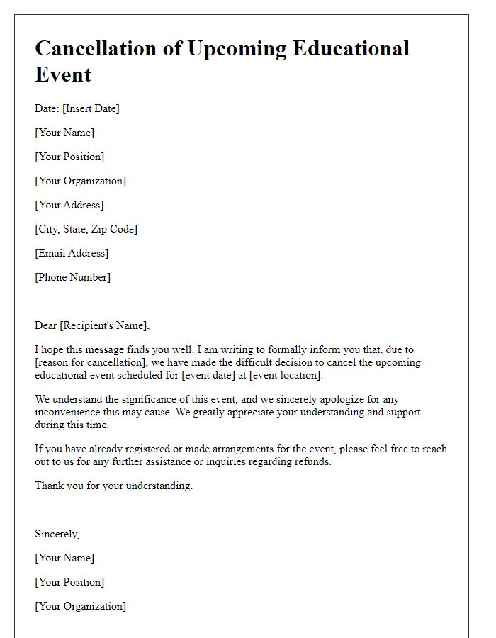 Letter template of formal cancellation for upcoming educational event