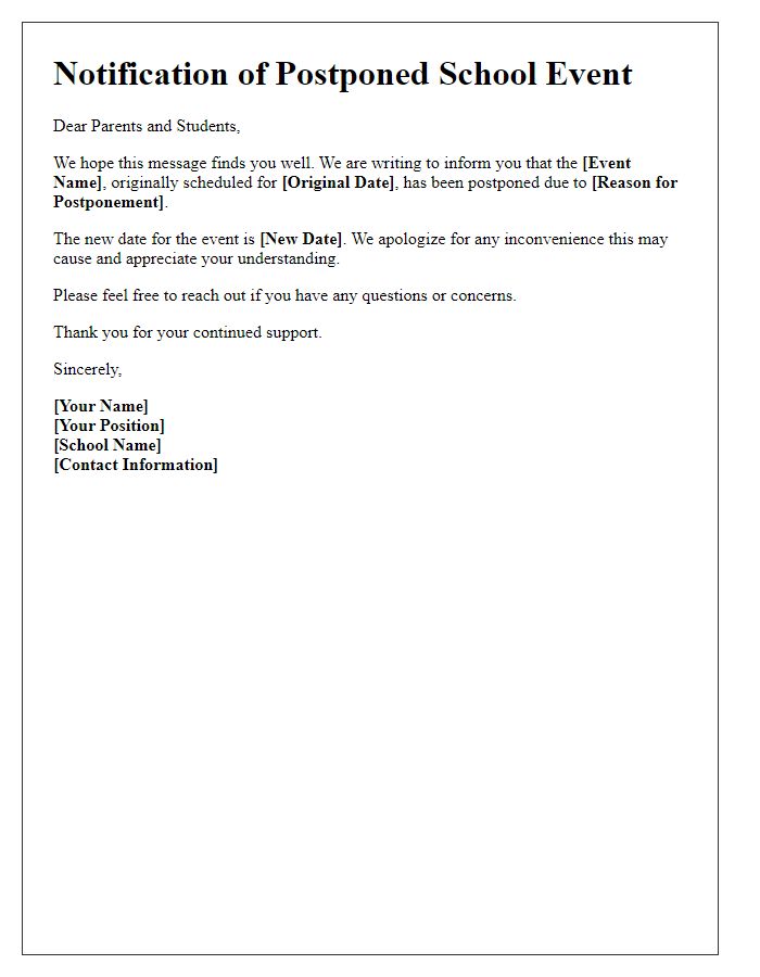 Letter template of notification for postponed school event