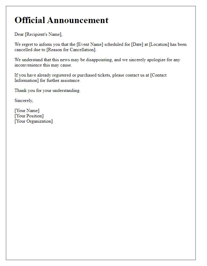 Letter template of official announcement for event cancellation